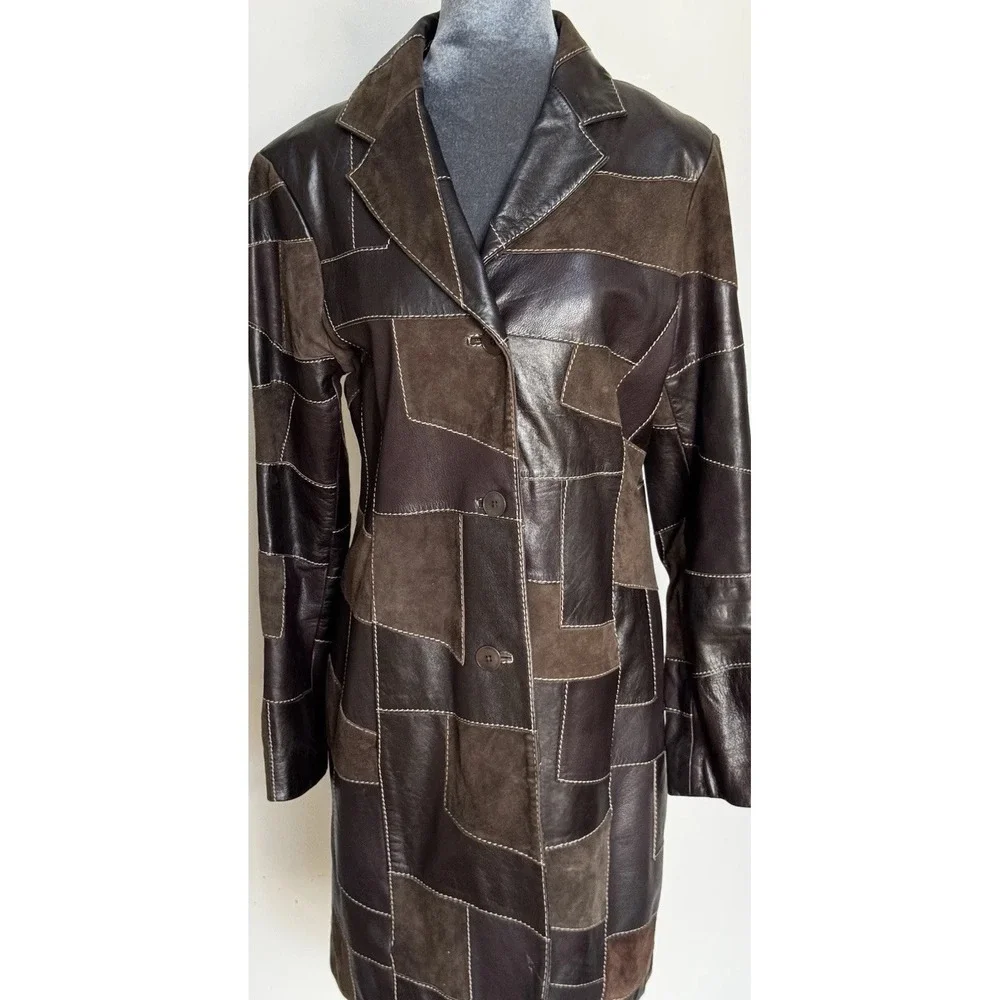 Patchwork Leather Coat M Brown Black Long Jacket Western Boho Y2K 90s Colorblock